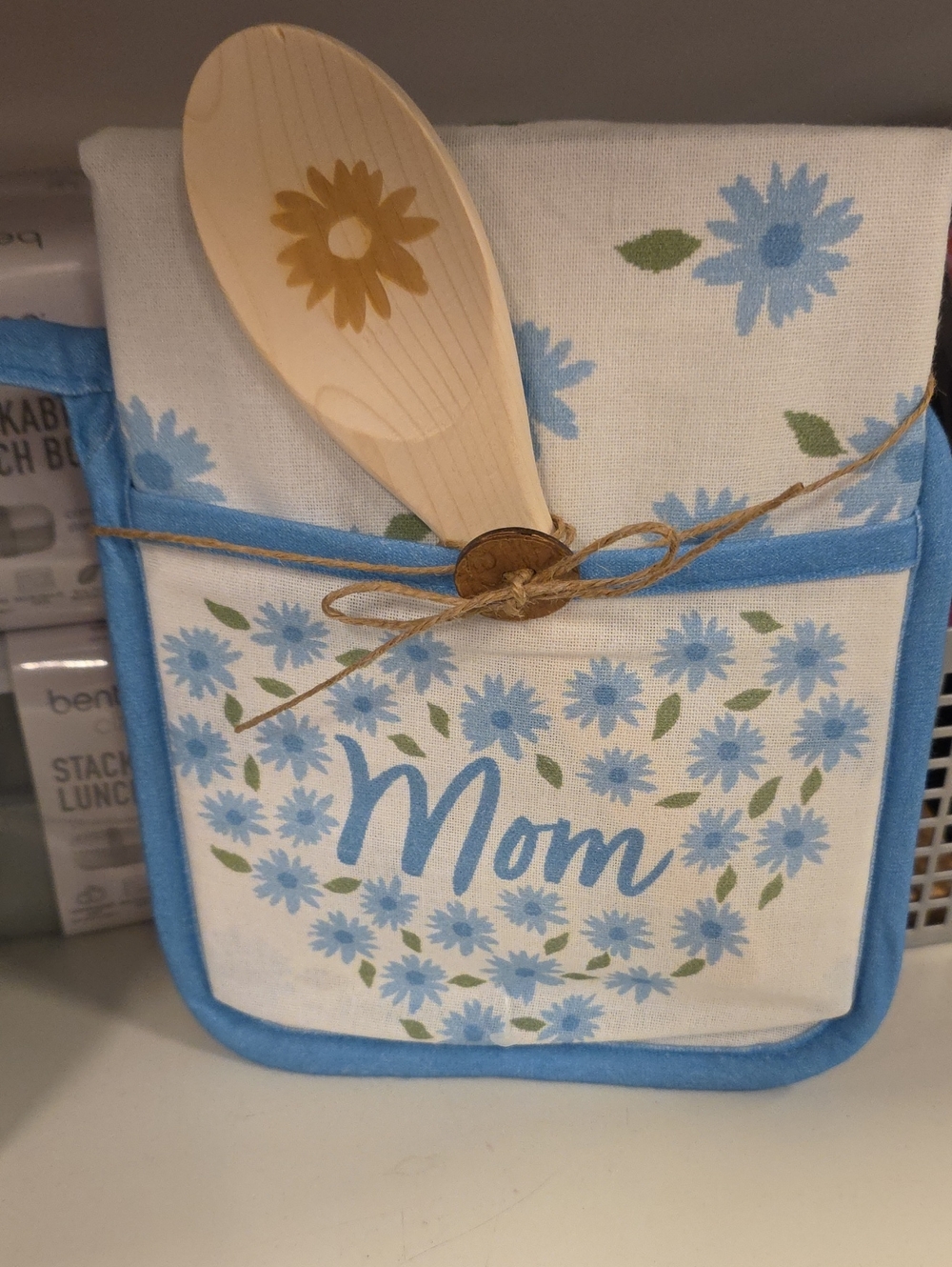 Mom Floral Blue Potholder with Wooden Spoon Kitchen Towel